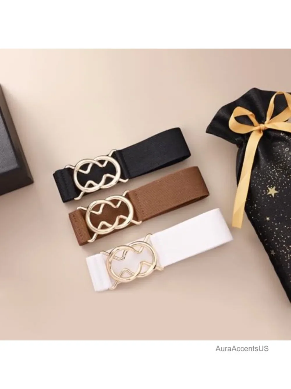 Elastic Belt with Gold Buckle - Stretchy Waist Belt for Dresses